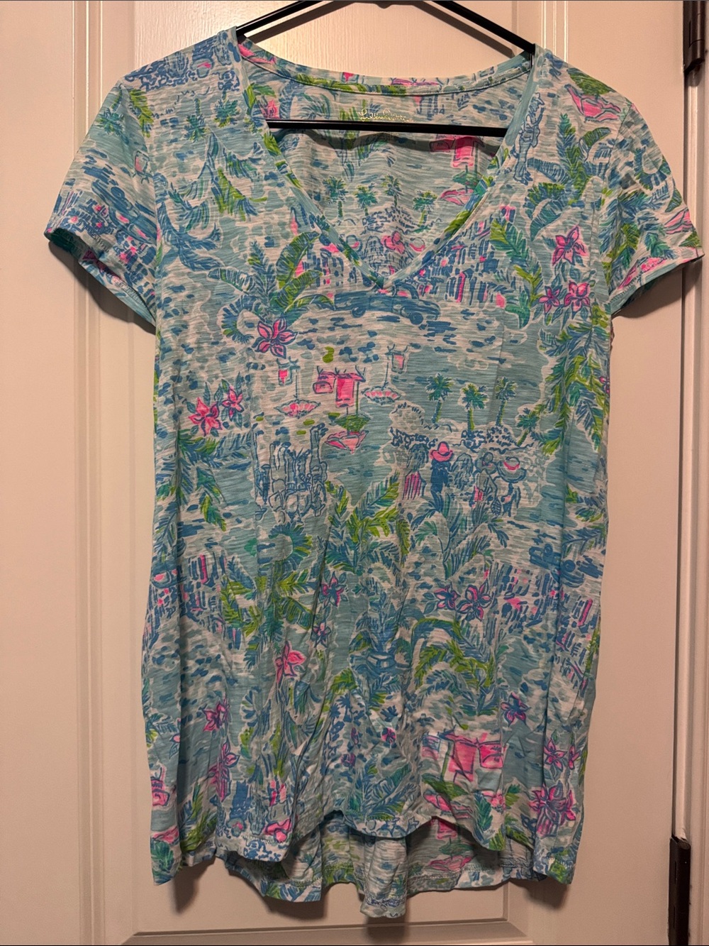 Lilly Pulitzer Light Blue Tropical V-Neck Tee with Pink & Green Accents